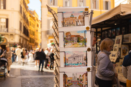 Rome, Italy - October 4, 2025: Postcards featuring famous Rome landmarks displayed at a souvenir stand on a busy pedestrian street, with tourists walking and browsing in the historic city center.のeditorial素材