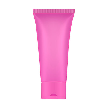 Pink plastic tube with cap. Hand cream, mask or lotion. cosmetic gel. professional shampoo. 3d mockupのイラスト素材