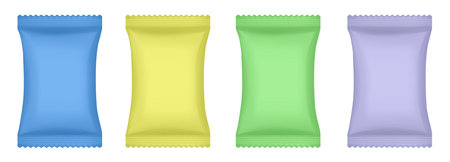 Set of blue, yellow, green, purple and blue flow packs. Chocolate bar or ice cream wrapper. Silver foil bag. Soap or wet wipes. Realistic 3d mockup of a flow pack or sachet. Pouchのイラスト素材