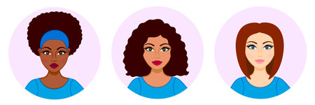Women avatar set. Lady's haircuts set: short, wavy. Racial diversity: african, hispanic (latina), caucasian. Black girl, white girl. American womenのイラスト素材