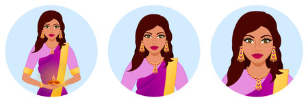 Avatar of an Indian woman wearing sari and carrying a lamp. Traditional outfit. Diwaliのイラスト素材
