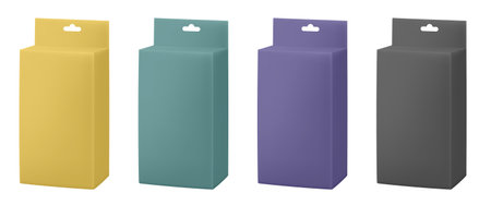 Set of paper packaging boxes with hanging hole. Blank product package mockup. Gold, green, purple and black packs.のイラスト素材