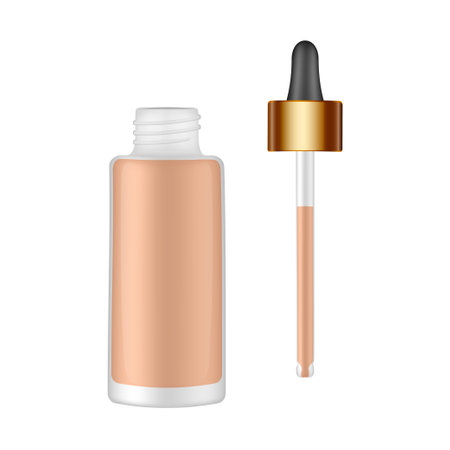 Foundation bottle with gold pipette. Dropper. Glass container. Beige liquid. BB cream. Vector mockupのイラスト素材