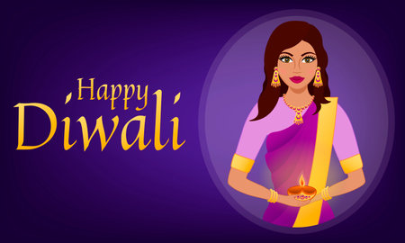 Happy Diwali Hindu festival. Indian festival of lights. Avatar of a beautiful Indian woman wearing sari and carrying lampのイラスト素材