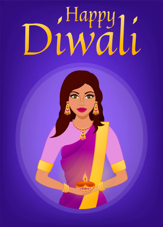 Happy Diwali Hindu festival. Indian festival of lights. Avatar of a beautiful Indian woman wearing sari and carrying lampのイラスト素材