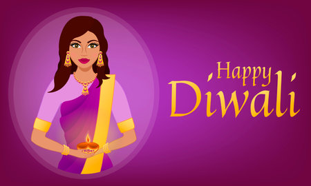 Happy Diwali Hindu festival. Indian festival of lights. Avatar of a beautiful Indian woman wearing sari and carrying lampのイラスト素材