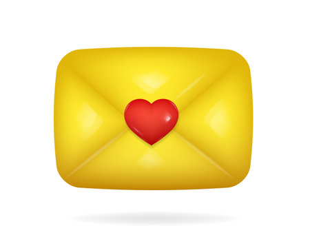 3d icon of yellow envelope with red heart on it. Love letter. New message. Happy Valentine's Day, Mother's Day, Women's Day.のイラスト素材