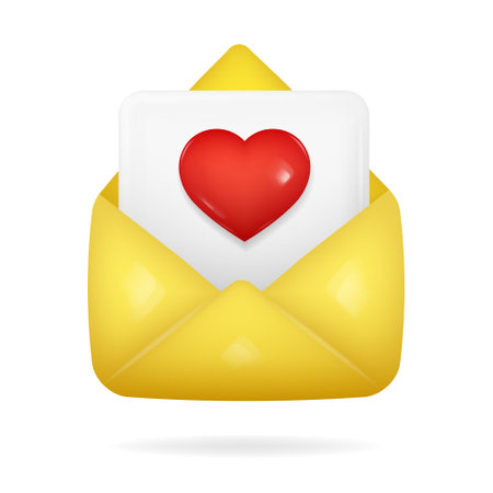 3d icon of open yellow envelope with blank page and red heart on it. Love letter. New message. Happy Valentine's Day, Mother's Day, Women's Day.のイラスト素材