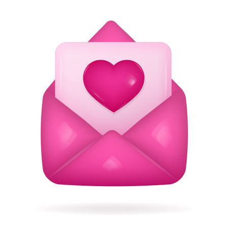 Illustration of a pink 3d envelope with a heart on a white backgroundのイラスト素材