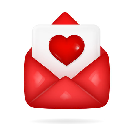 Red 3d envelope with a heart on a white background. Vector illustration.のイラスト素材