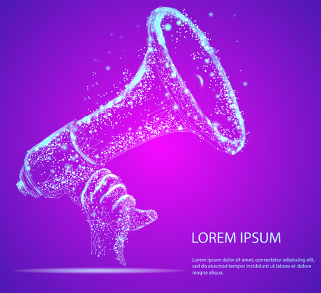 Abstract image of a loudspeaker in the form of a starry sky or space, consisting of points, lines, and shapes in the form of planets, stars and the universe. Vector business. Megaphone Hand business concept.のイラスト素材