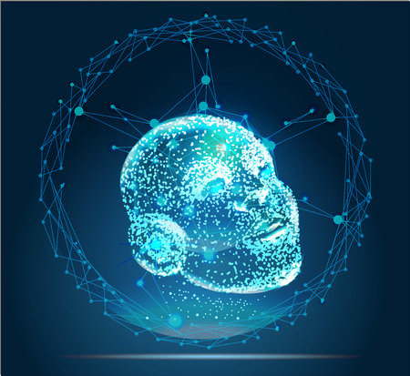 Digital particle face technology concept. Background for artificial intelligence and machine learning.のイラスト素材