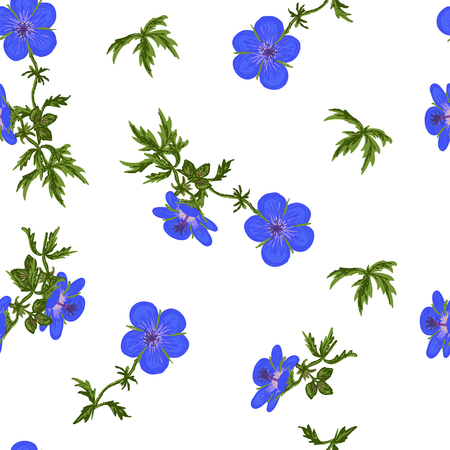 Meadow geranium - a light and tender seamless pattern with sketchy flowers on white backgroundのイラスト素材