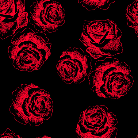 Flowers. Roses on black. Seamless background pattern. Hand drawn.のイラスト素材