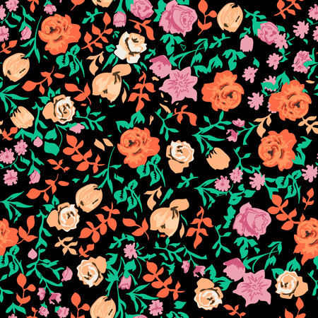 Vector seamless beautiful pattern, flowers with leaves on a black background.のイラスト素材