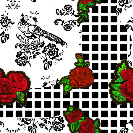 Seamless floral patchwork pattern with geometrical elements and peacocks. Black and white design with red rose for fabrics.のイラスト素材