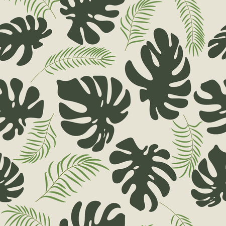 Exotic tropical floral seamless pattern with Monstera and Areca Palm leaves. Monochromatic vector for print, paper, fabricのイラスト素材