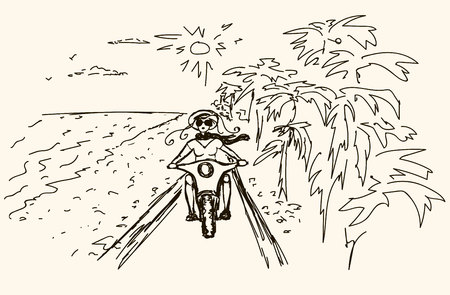 Woman biker over sunset, female riding motorcycle, motorbike driver traveling, girl racing on the beach road, freedom lifestyle. sketch.のイラスト素材