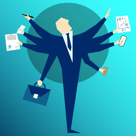 Very busy office man working hard by eight hands.のイラスト素材