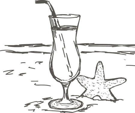 Summer holidays hand-drawn, sandy beach with seashells, starfish and cocktail.のイラスト素材