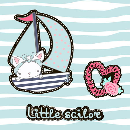 sailing of the sea, sailor cat, kitten with sailing boatのイラスト素材