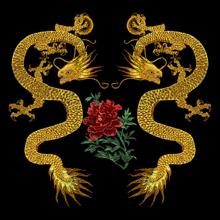 golden dragons and roses.のイラスト素材