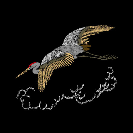 Embroidery with Asian crane, spring wildflowers for decor. Vector fashion embroidered ornament on black background for textile, fabric traditional folk decorationのイラスト素材