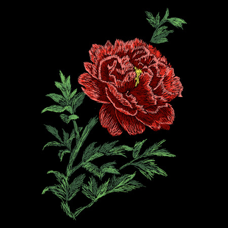 Peony flowers, illustration. Embroidery colorful floral pattern with Peony. Vector traditional folk fashion ornament on black background.のイラスト素材