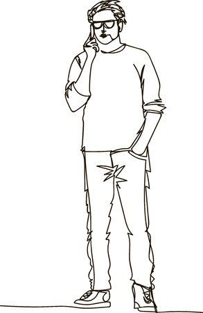 continuous line drawing of young man talking on mobile phoneのイラスト素材