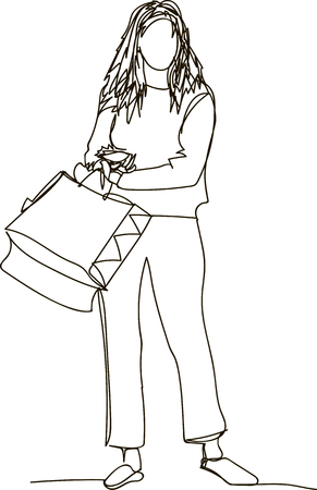 shopping woman with bags - single line drawingのイラスト素材