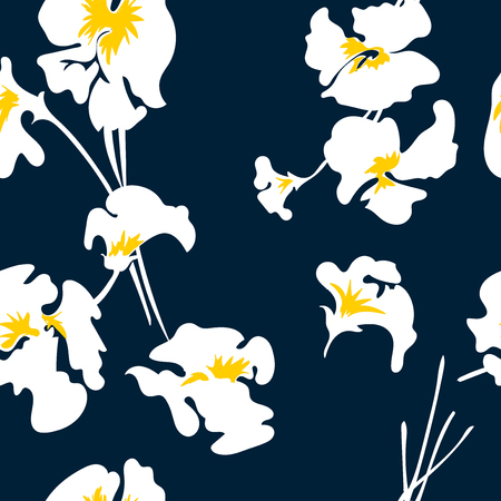 Floral seamless pattern with beautiful pink flowers.Tropical design. Exotic flowers. Pattern for summer fashion prints. Blooming jungle. Dark blue background. Vector illustration.のイラスト素材