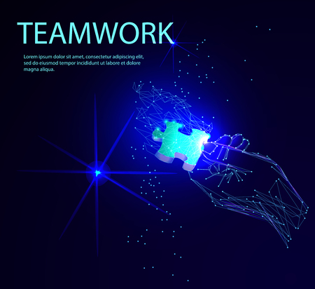 Abstract puzzle on dark blue background. Network or teamwork symbol composed of polygons. Low poly vector illustration of a starry sky or Cosmos, consists of lines, dots and shapesのイラスト素材