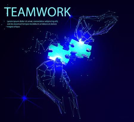 Group of business people assembling jigsaw puzzle. Low polygonal geometric vector illustrationのイラスト素材