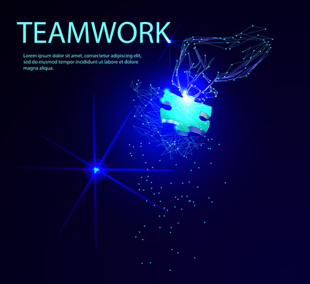 Abstract puzzle on dark blue background. Network or teamwork symbol composed of polygons. Low poly vector illustration of a starry sky or Cosmos, consists of lines, dots and shapesのイラスト素材