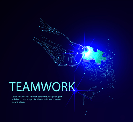 Abstract puzzle on dark blue background. Network or teamwork symbol composed of polygons. Low poly vector illustration of a starry sky or Cosmos, consists of lines, dots and shapesのイラスト素材