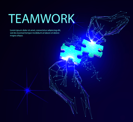 Group of business people assembling jigsaw puzzle. Low polygonal geometric vector illustrationのイラスト素材