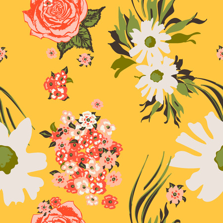 Floral seamless pattern with beautiful pink roses and white flowers.Tropical design. Exotic flowers. Pattern for summer fashion prints. Blooming jungle. Yellow background. Vector illustration.のイラスト素材