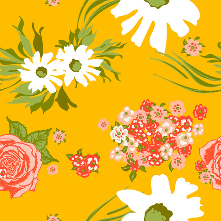 Floral seamless pattern with beautiful pink roses and white flowers.Tropical design. Exotic flowers. Pattern for summer fashion prints. Blooming jungle. Yellow background. Vector illustration.のイラスト素材