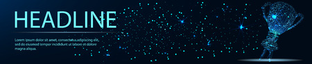 Hand holding trophy cup tophy form lines, triangles and particle style design. Illustration vector. Headlineのイラスト素材