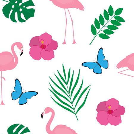 Seamless pattern flamingo bird vector butterflies flowers palmのイラスト素材