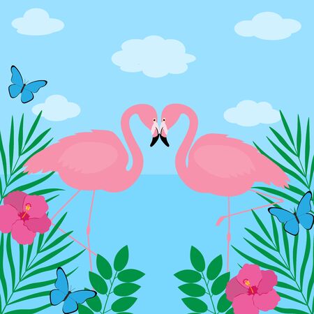 Greeting card flamingo vector birds tropics flowers landscape sea skyのイラスト素材