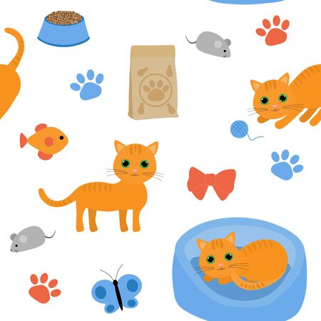 Cat seamless pattern vector illustration red fish mouse butterfly bow tangleのイラスト素材