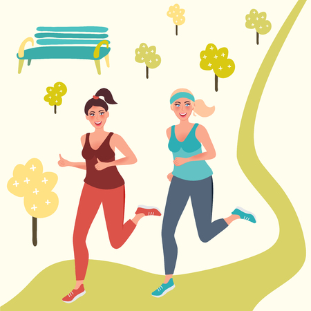 Morning jog in the Park. Running girls are happy. Vector illustration of fitness in natureのイラスト素材