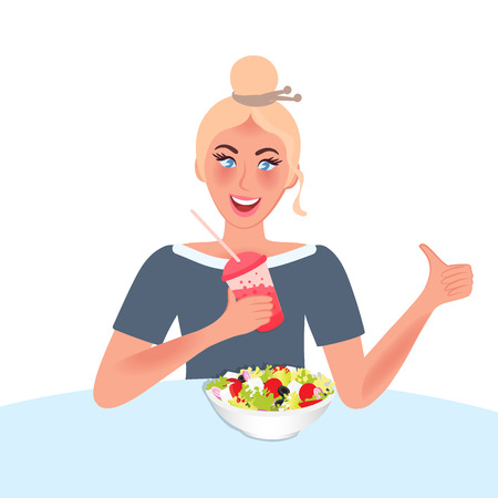 Girl eats Greek salad and drinks orange juice. Vector illustration of proper nutritionのイラスト素材