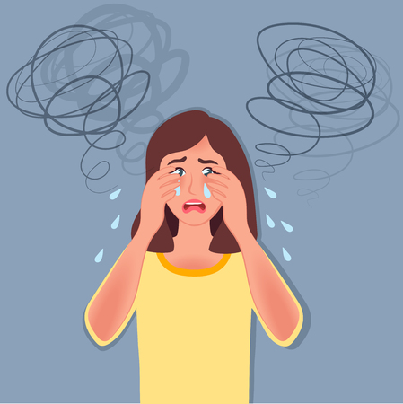 The young girl has a panic attack, fear, anxiety, headache, Depression painted in the style of doodles. Vector illustration of people with vegetative symptomsのイラスト素材