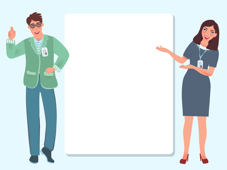 Speaker a young man and a girl at a business conference will present a startup project. Vector illustration business people in advertising, marketing, business, educationのイラスト素材