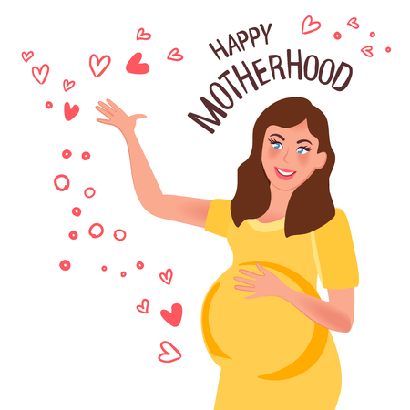 Mom-to-be is happy. A pregnant woman smiles with her hand raised. Vector illustration of pregnancyのイラスト素材