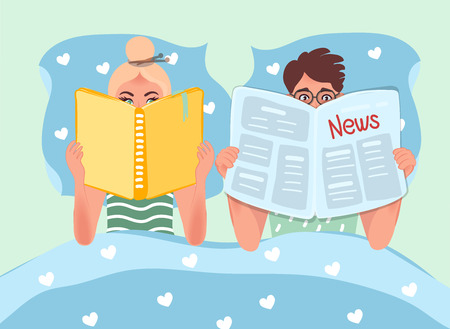 Husband and wife resting in bed. She reads a book and he reads a newspaper. Family relations or psychological problems. Vector illustration of people in family lifeのイラスト素材