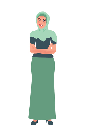 A modern Arab woman stands and smiles, putting her hand on her hand. Vector illustration of Islamic fashion, nationality, religionのイラスト素材