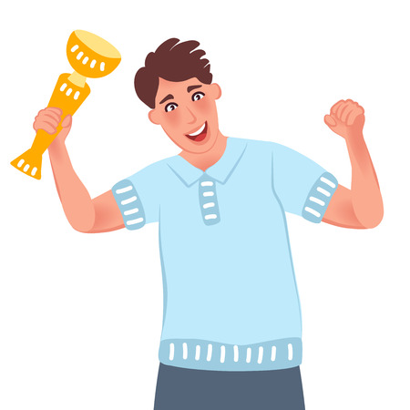 Young man winner holds the champion Cup in his hand. The man is happy and has a huge smile on his face. Vector illustration of positive peopleのイラスト素材